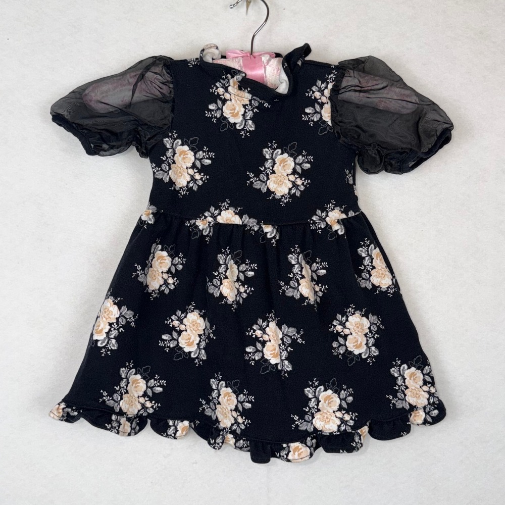 Janie and Jack Floral Dress Toddler 18-24M Black Organza Puff Sleeve Ruffle